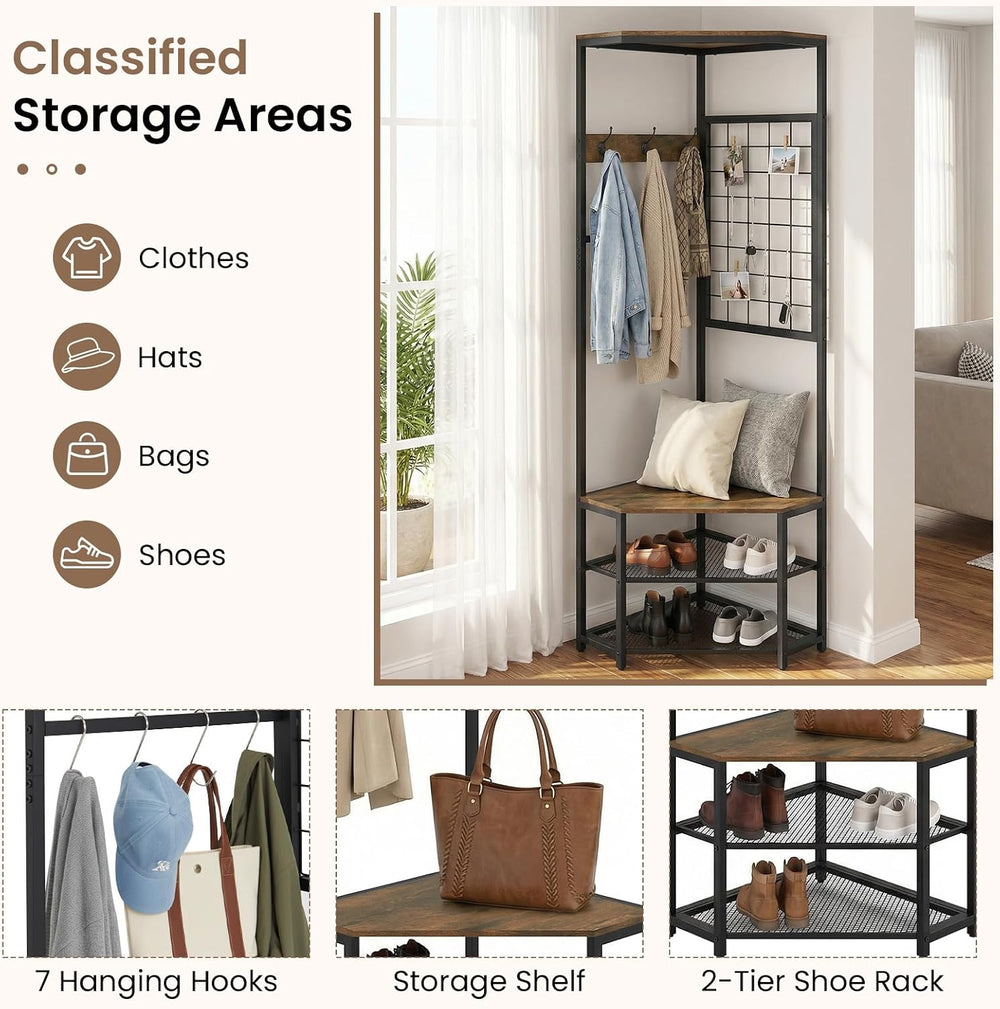 GIANTEX Corner Hall Tree with Shoe Bench, 4-Tier Freestanding Coat Rack