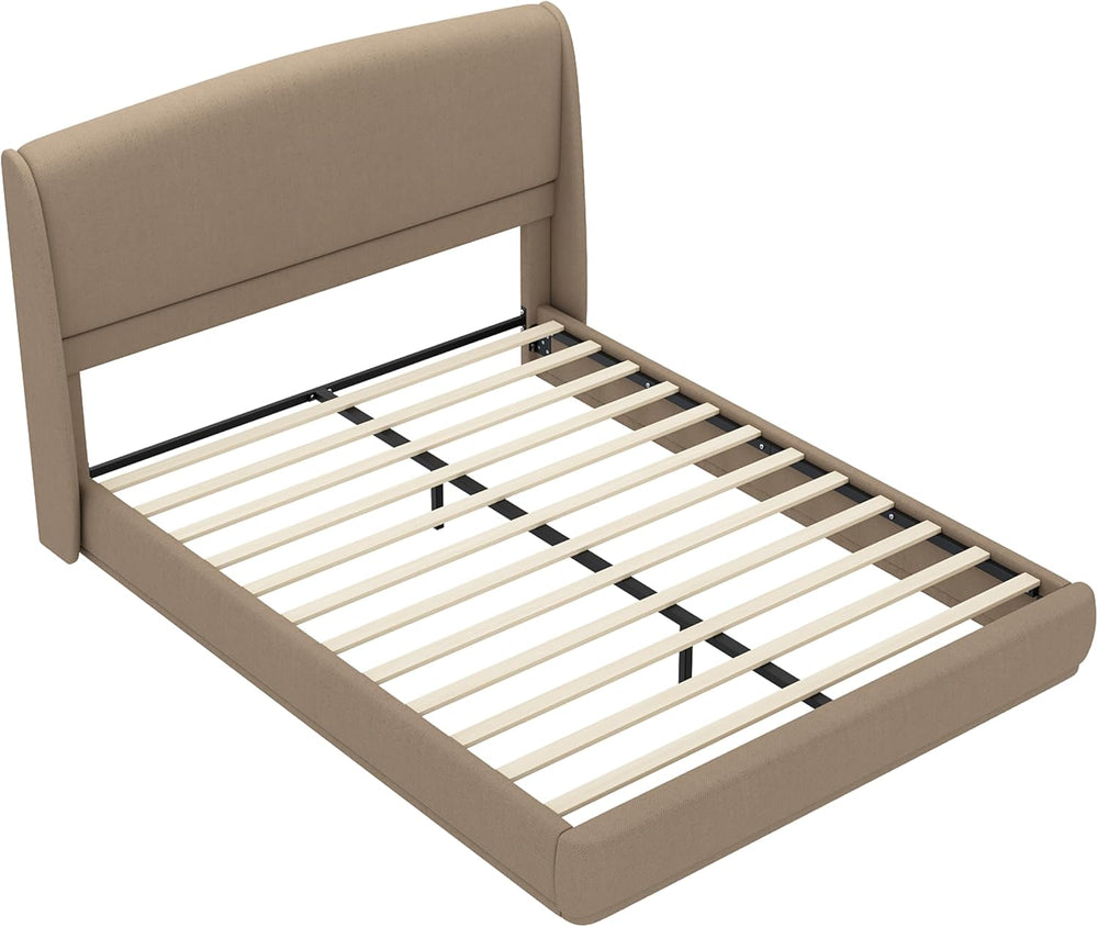 Queen Size Wooden Platform Bed, Upholstered Low Profile Linen Fabric Bed Fram...