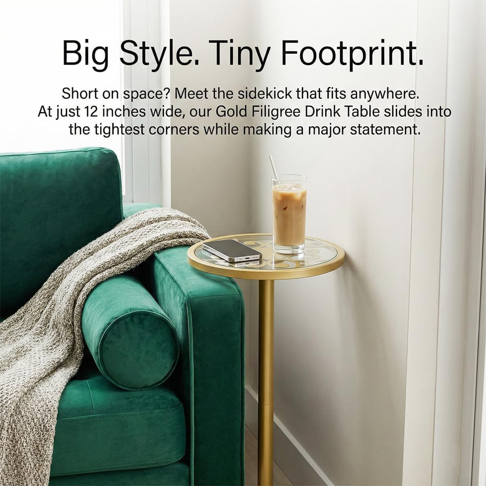 Gold Drink Table, Indoor Outdoor Small Round Side Table with Tempered Glass T...