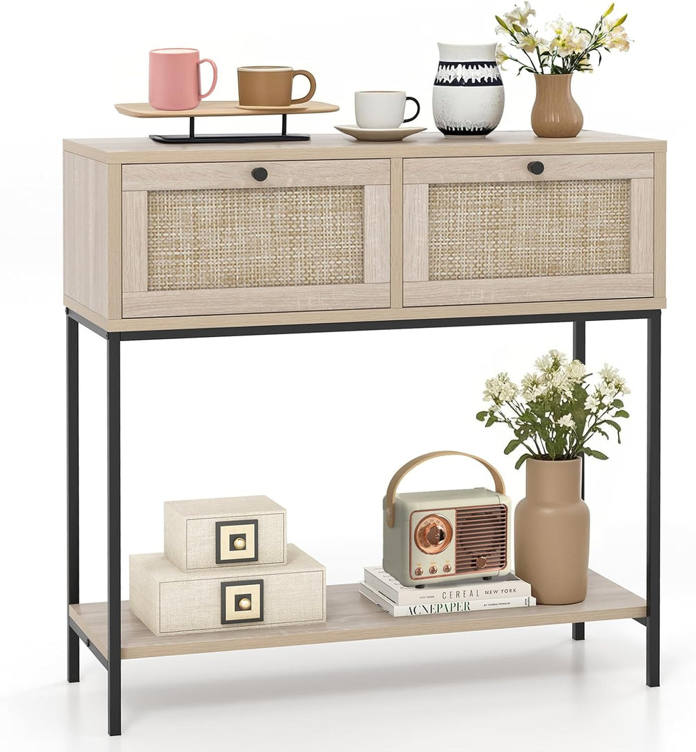 POWERSTONE 31.5" Nightstand with Rattan Drawers & Shelf, Modern Bunk...