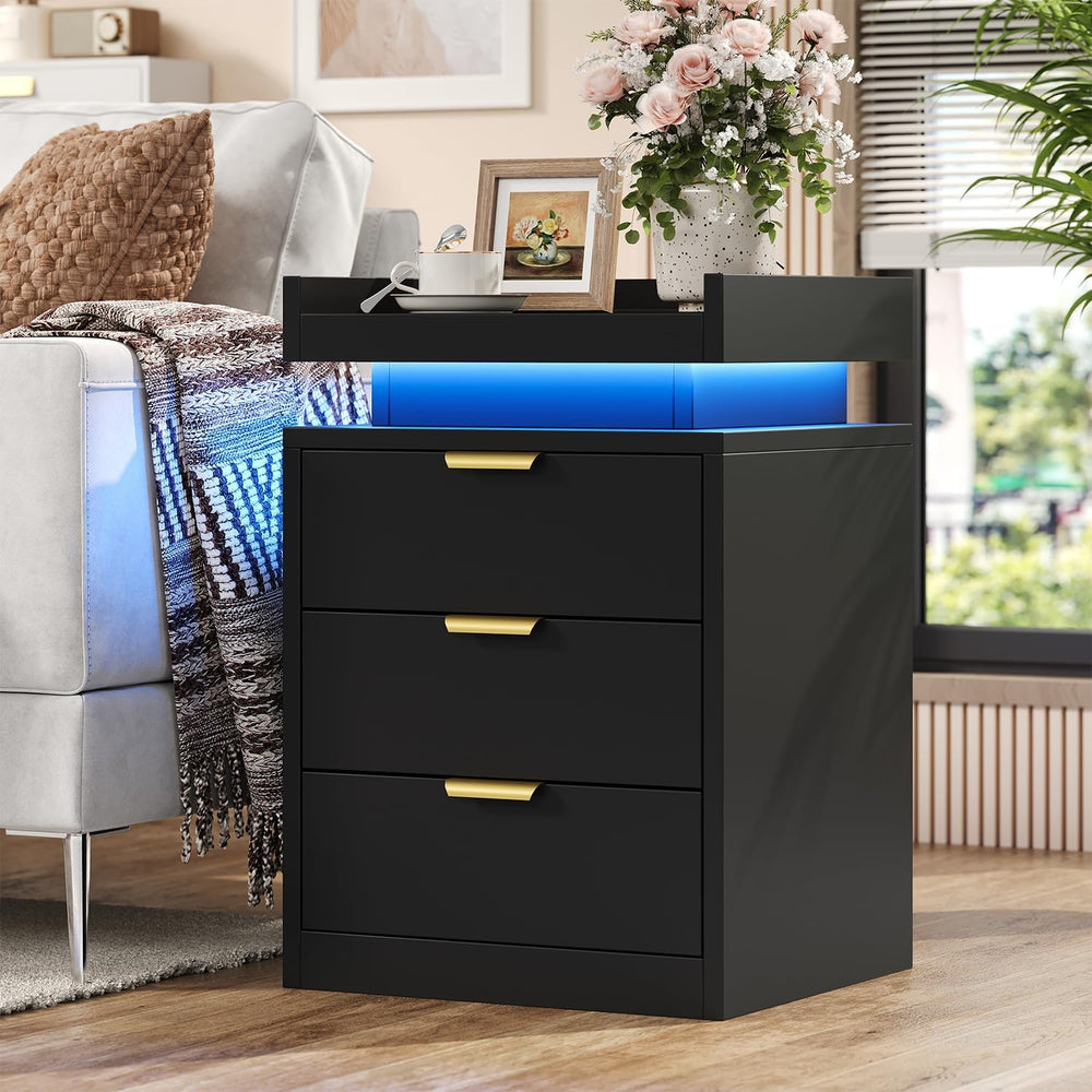 knoworld LED Nightstand with Charging Station & USB Ports, 3-Drawer Bedsi...