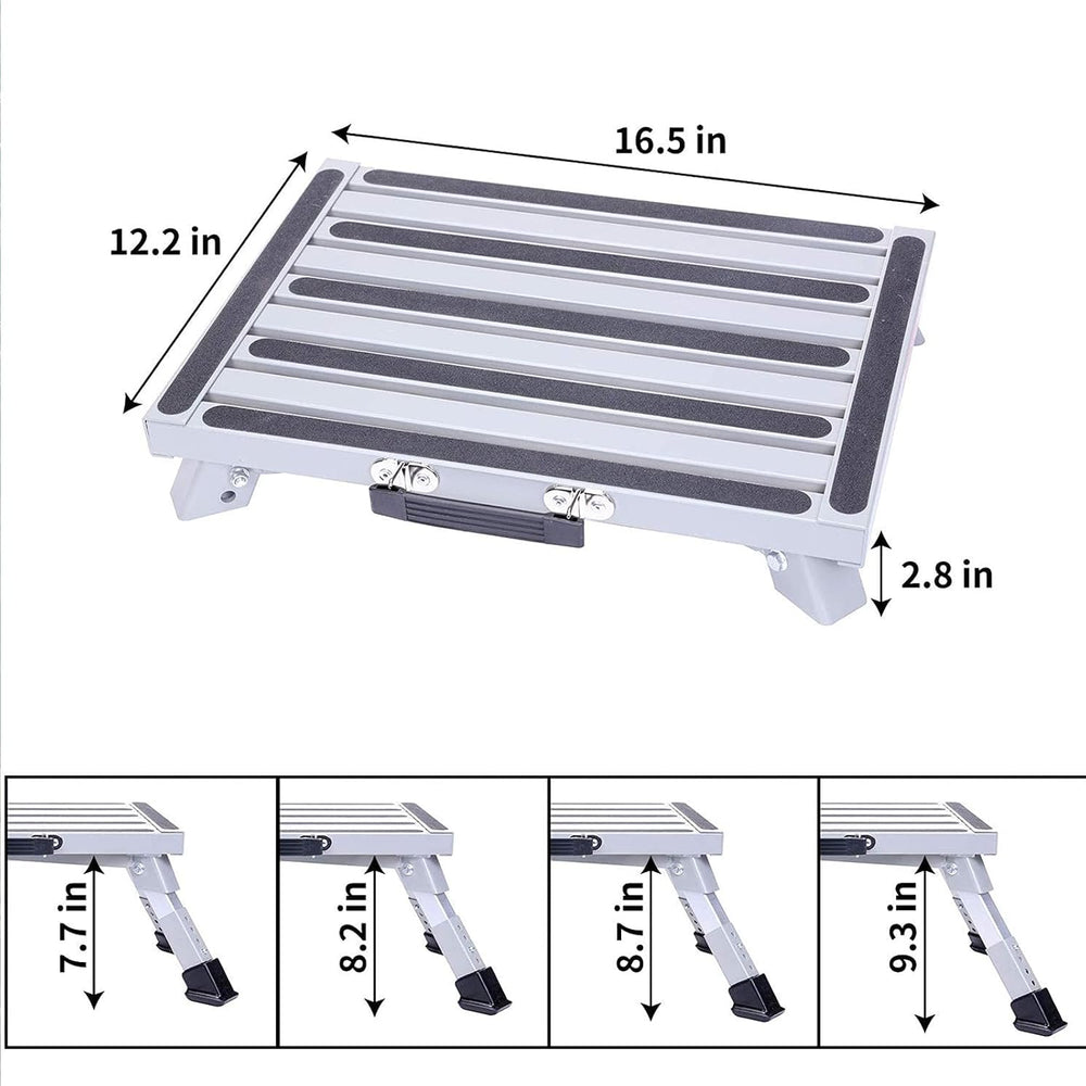 Adjustable RV Step Stool, Folding Aluminum Platform, Gray