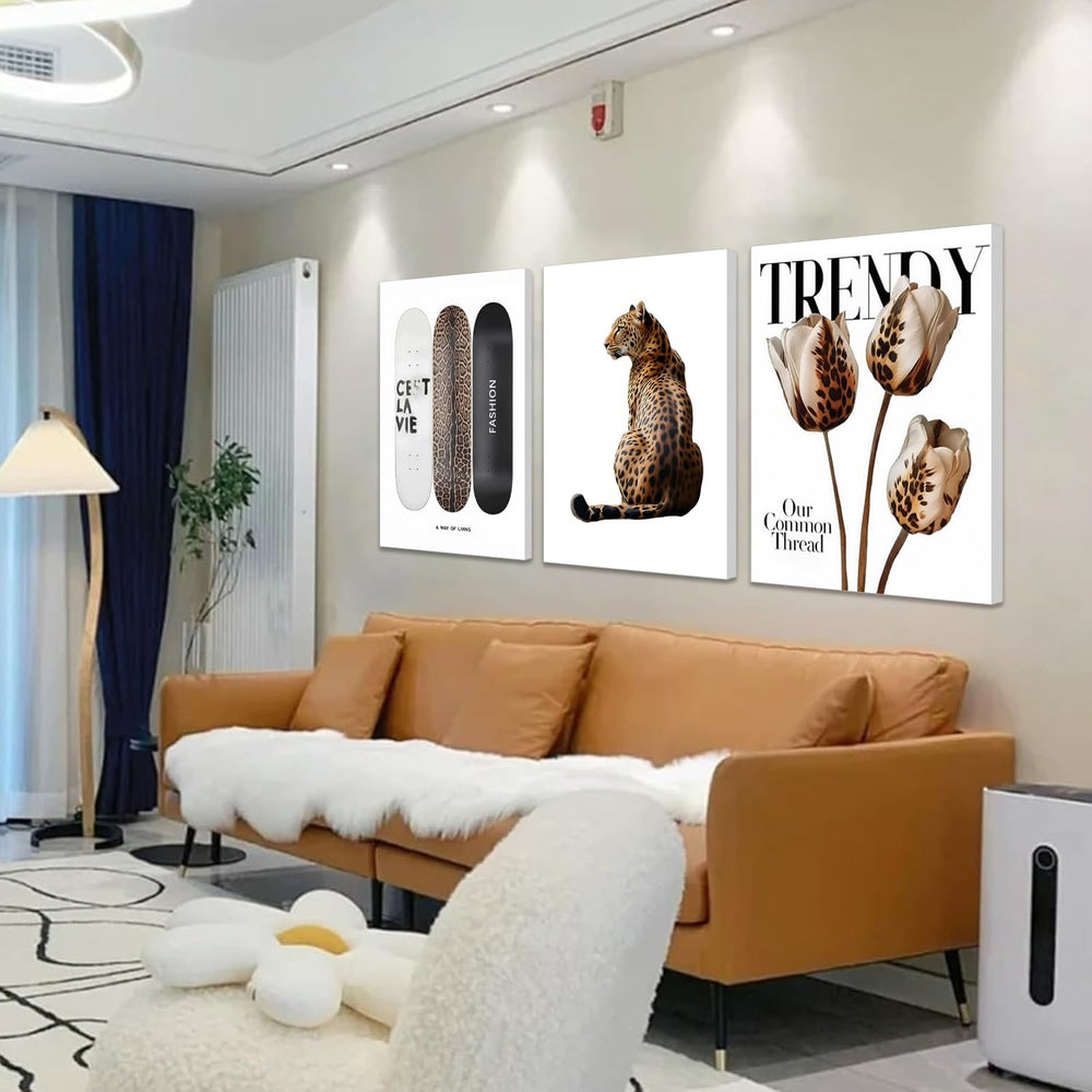 Trendy Leopard Canvas Wall Art Set of 3 Cheetah Printed Preppy Fashion Skateb...