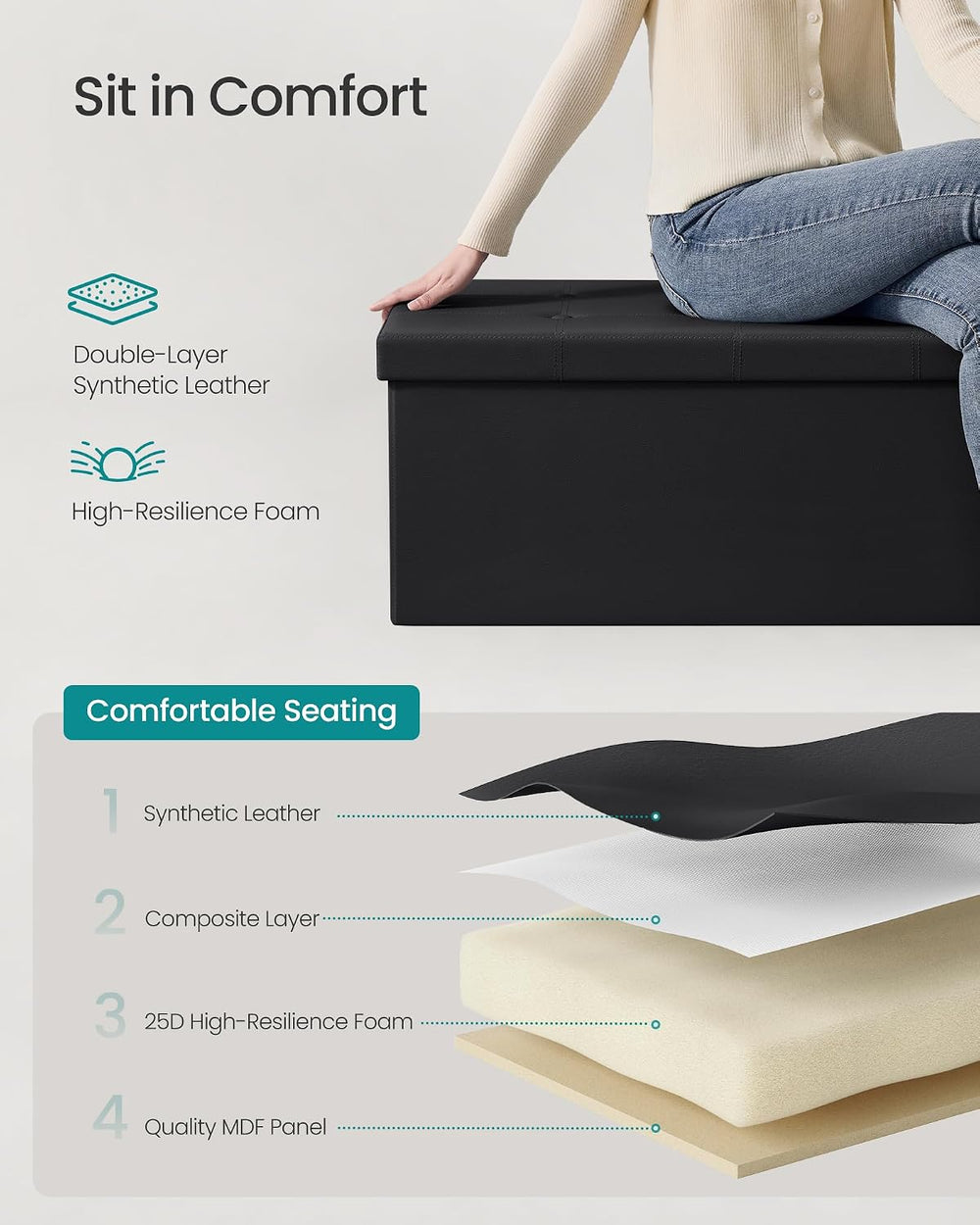 SONGMICS MAZIE Collection - 43 Inches Folding Storage Ottoman Bench, Ottoman ...