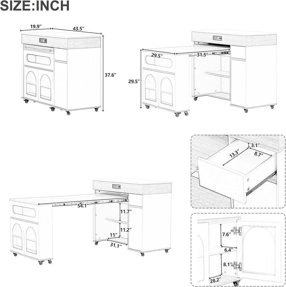 Extendable Dining Table with Extra-Long Folding Top, Rolling Kitchen Island w...