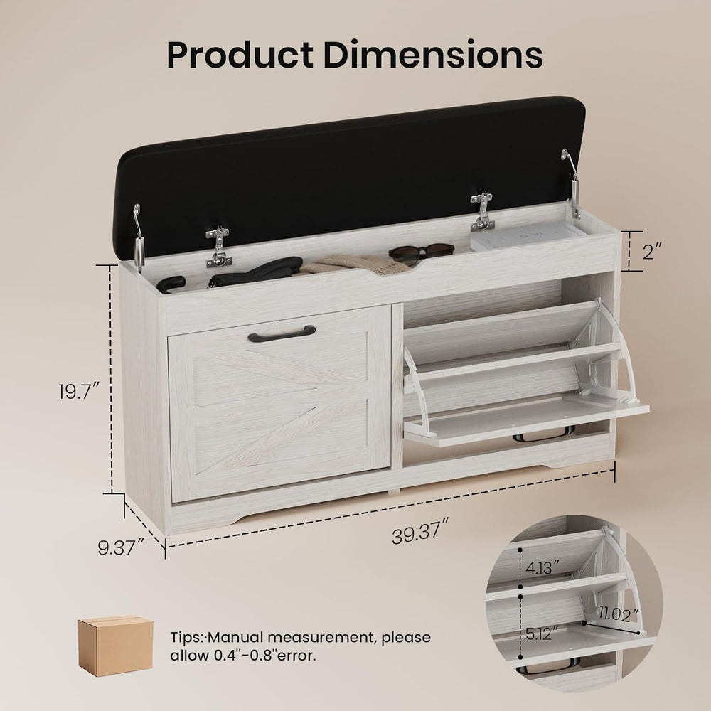 39" Shoe Storage Bench with Seat Cushion, Wood, Ash White | 8-Pair Shoe ...