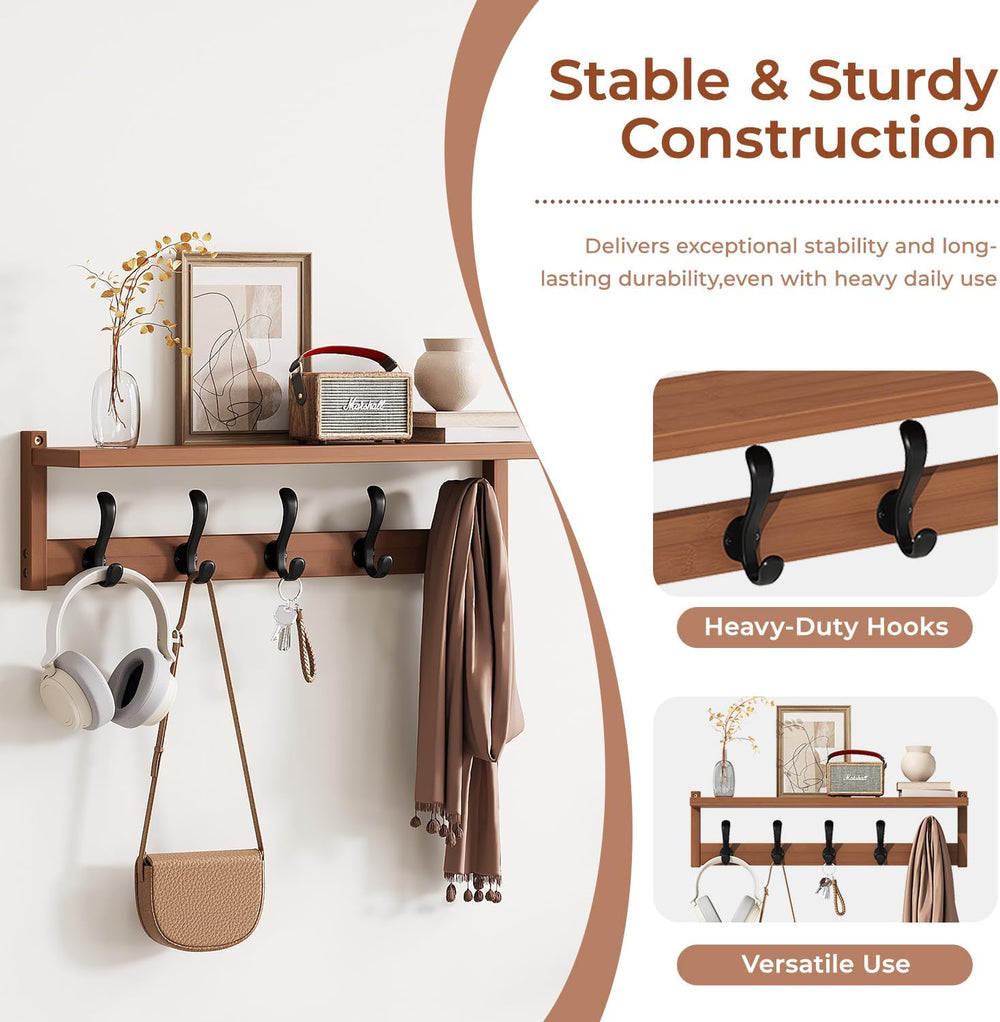 27.6" Bamboo Shoe Bench with Cushion, 5 Hooks Coat Rack, 2-Tier Storage ...
