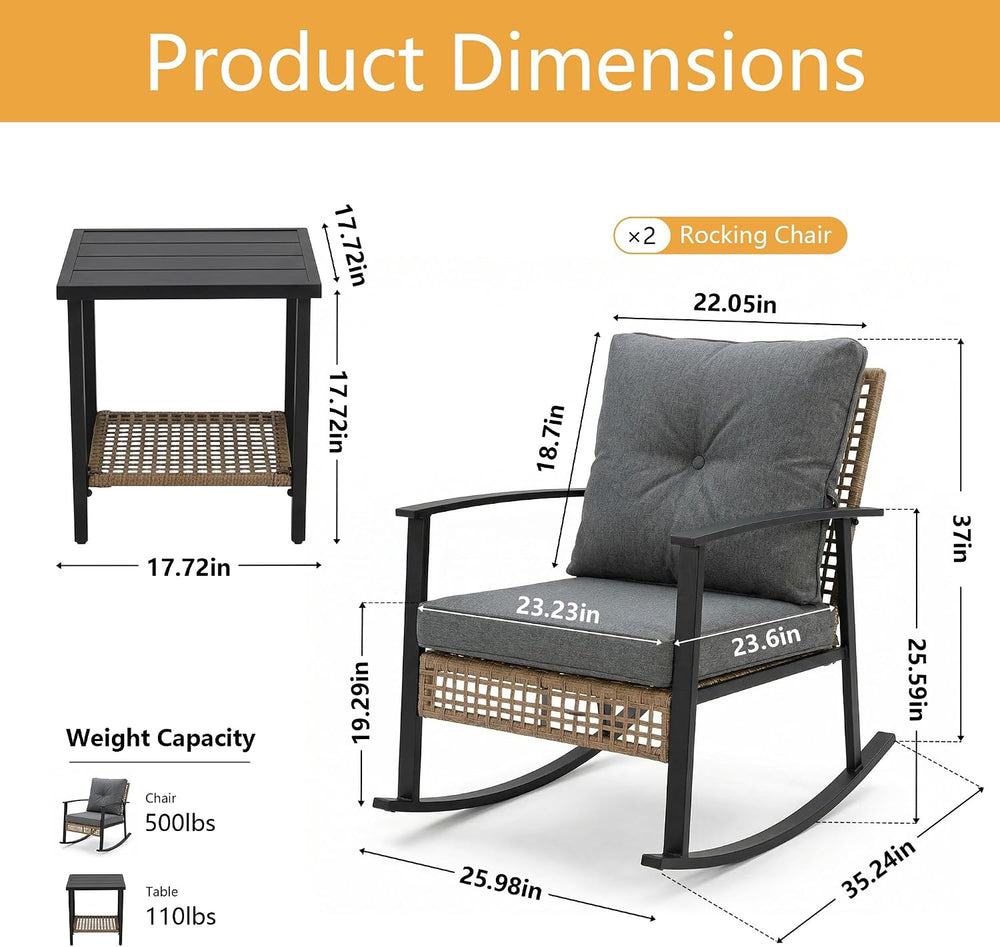 TARKARI 3-Piece Patio Rocking Chairs Set of 2, Outdoor Rocking Chair Bistro S...