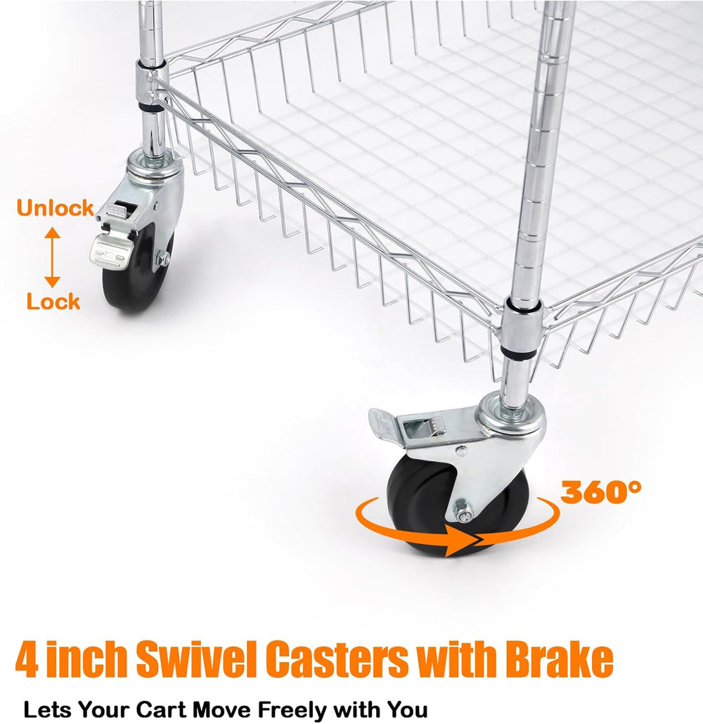 3-Tier Rolling Cart, Utility Metal Wire Cart, 30" D x 18" W x 35&qu...