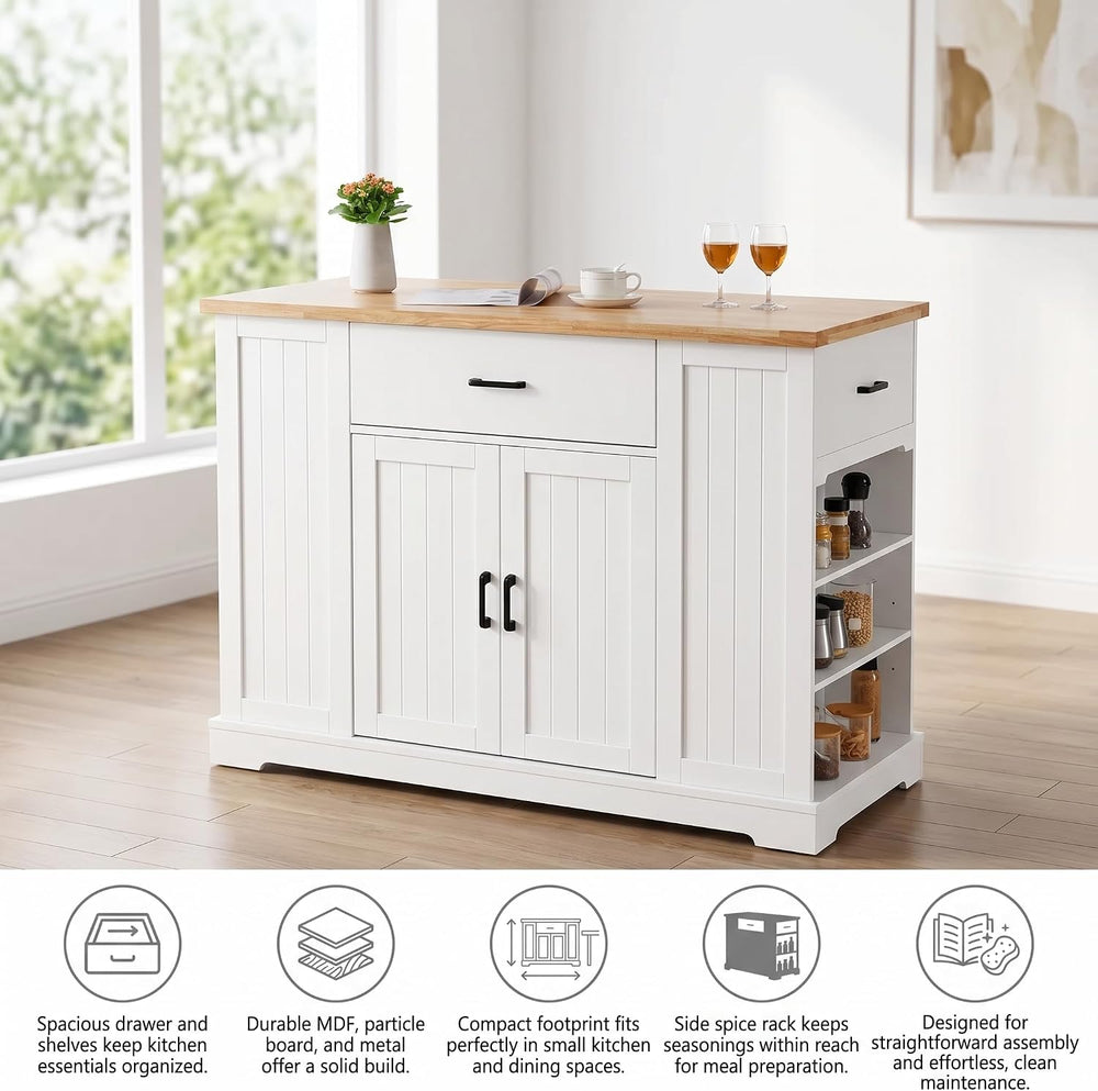 46 Inch Kitchen Island Cart with Storage Cabinet, Wood Top Breakfast Bar with...
