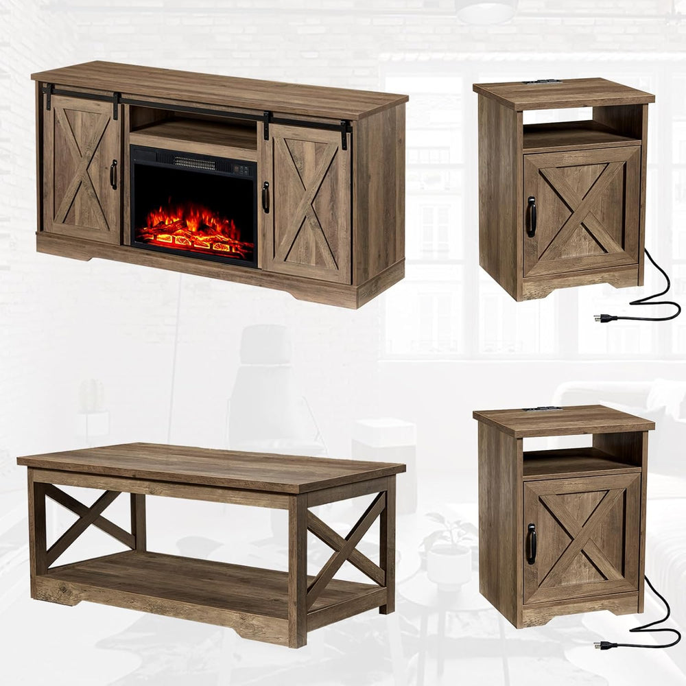 AMERLIFE Farmhouse 5 Piece Living Room Table Set, 59" TV Stand, Barnwood...