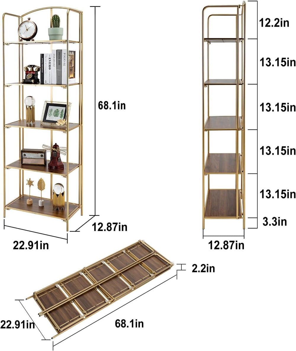 5-Tier Foldable Bookshelf, Gold Frame & Walnut Shelves