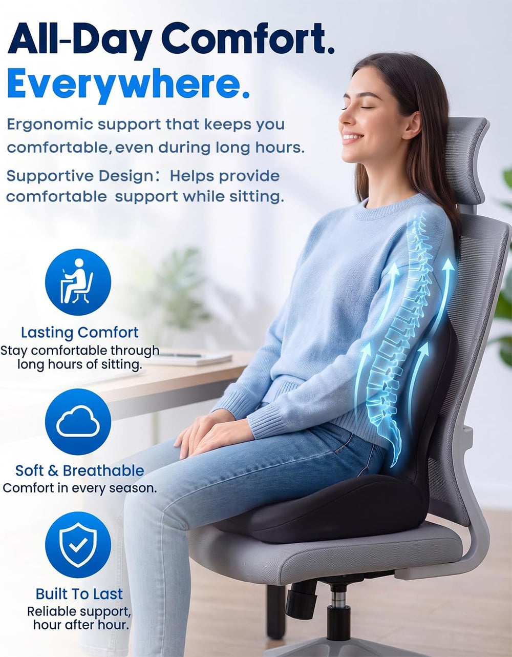 Seat Cushion with Back Support,Memory Foam Ergonomic Seat Cushion.