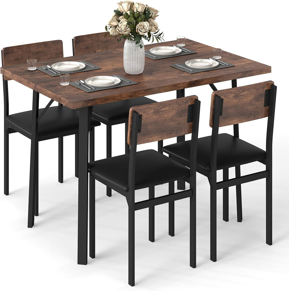 Giantex 5-Piece Dining Table Set for 4, Industrial Kitchen Table and 4 PU Lea...