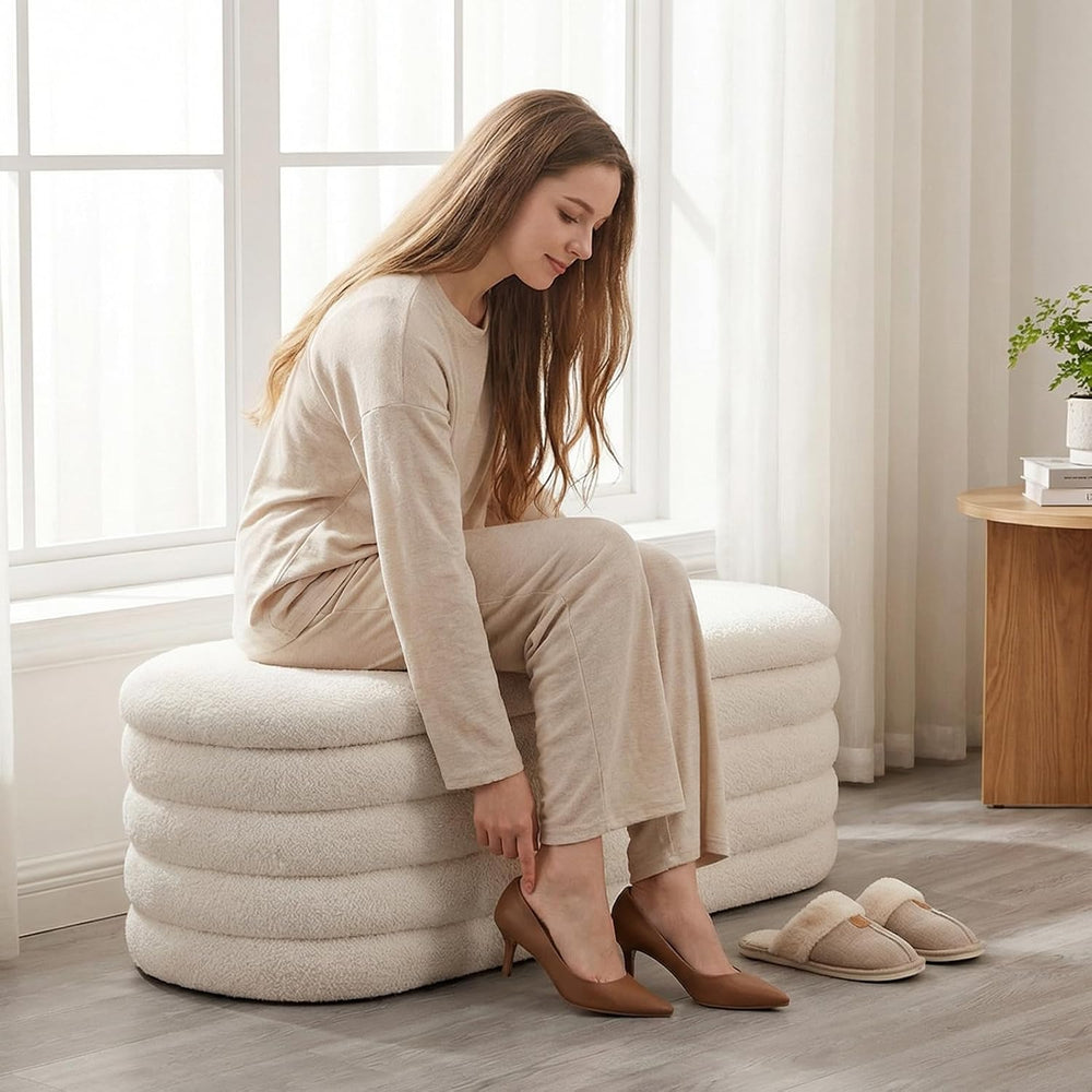 Furniliving Storage Ottoman Bench, 45'' Upholstered Boucle Ottoman wi...