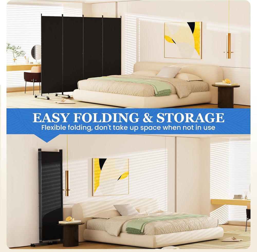 SUNALLY Room Divider Privacy Screens, 4 Panels Dividers with Wheels, Black