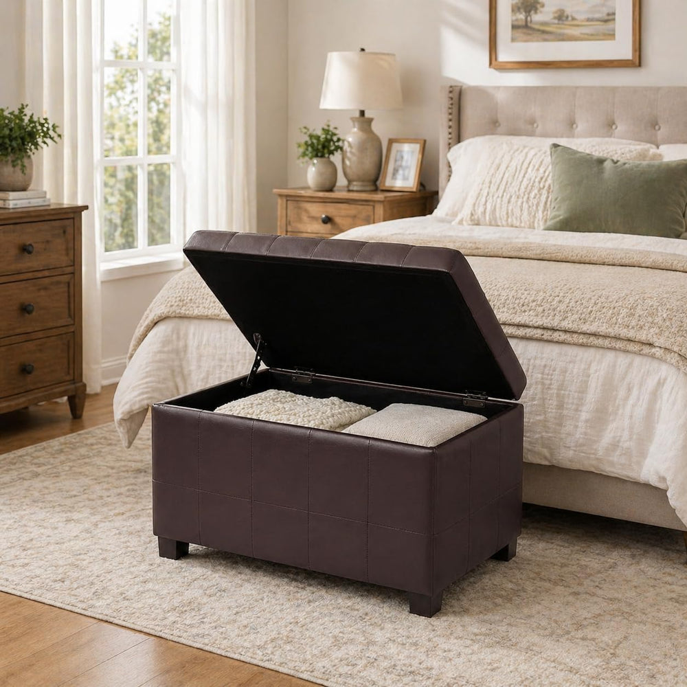 Upholstered Storage Ottoman with Hinged Lid, 23.6-Inch Faux Leather Tufted Cu...