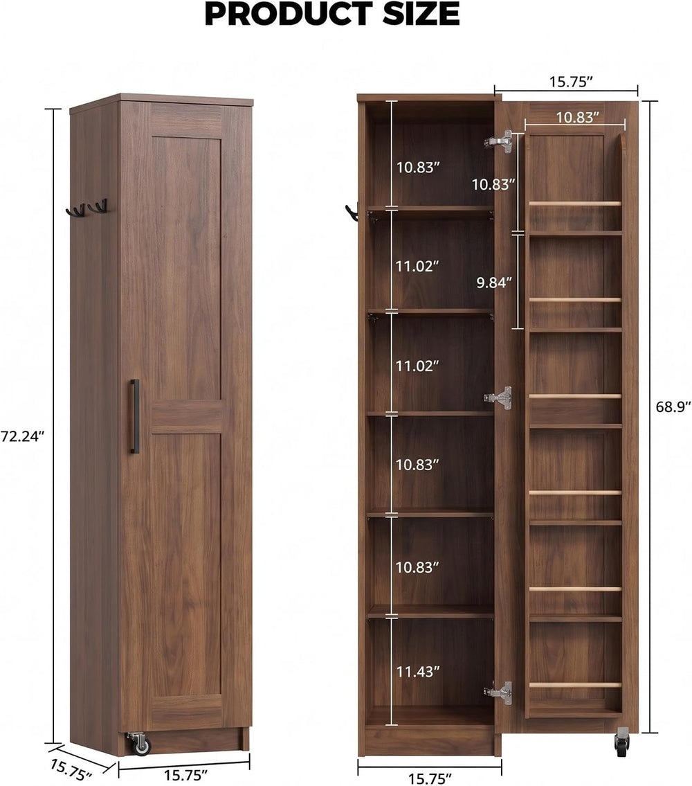 IRONCK Narrow Kitchen Pantry Cabinet, 72" H,Slim for Small Place, Walnut