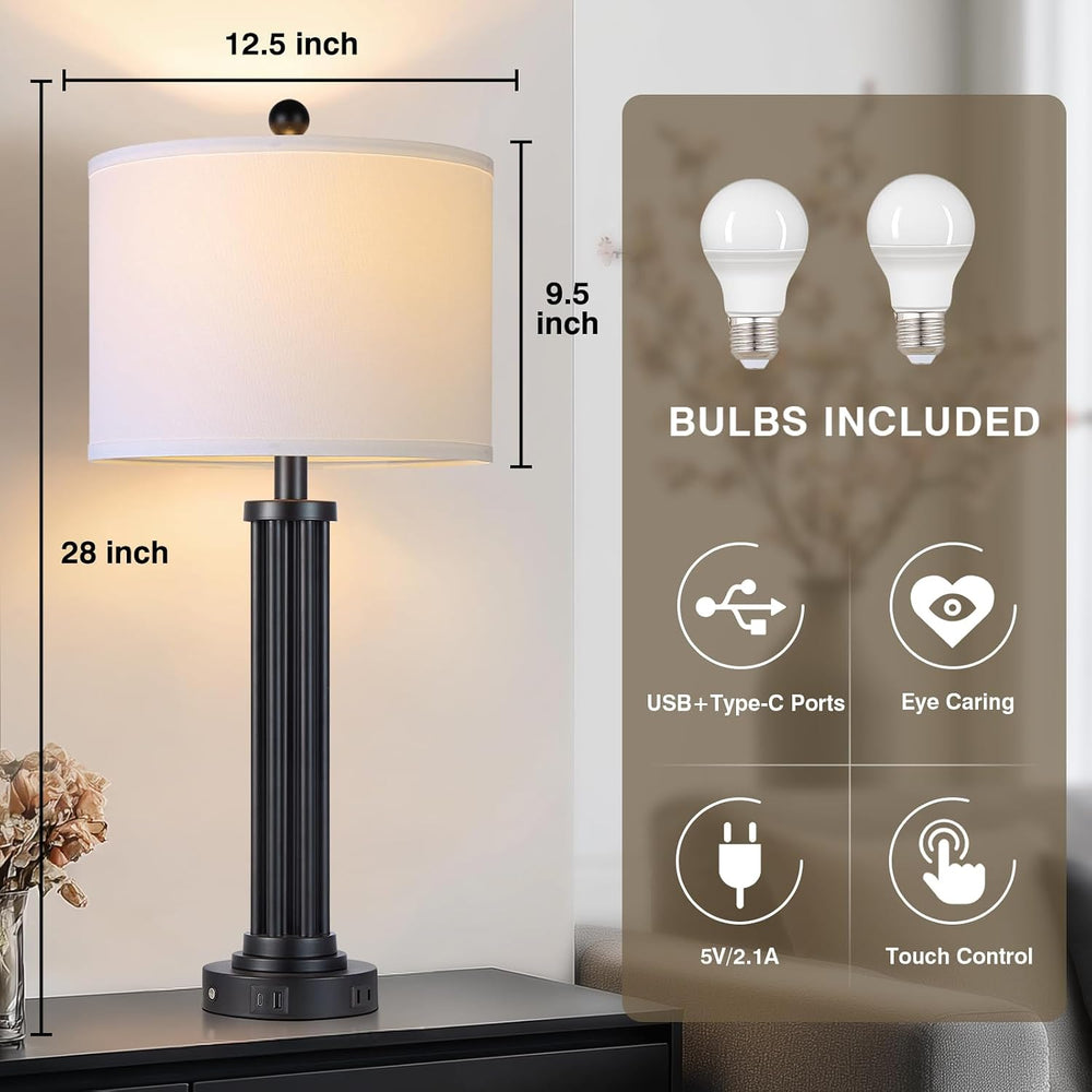 28" Tall Modern Table Lamps with USB C+A Ports and AC Outlet, 3 Way Touc...