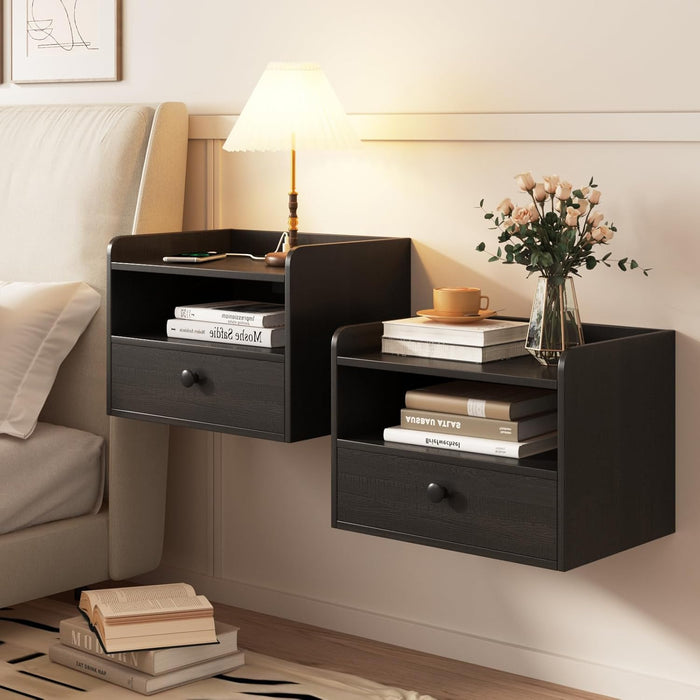 Floating Nightstand Set of 2 Modern Night Stands with Drawer and Open Shelf | Cubby Small Bedside End Table with Charging Station Wall Mounted Nightstands Set 2 for Bedroom Black