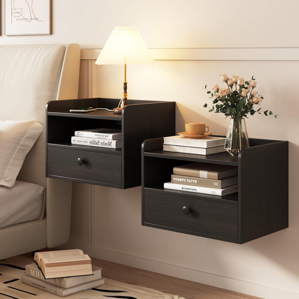 Floating Nightstand Set of 2 Modern Night Stands with Drawer and Open Shelf |...