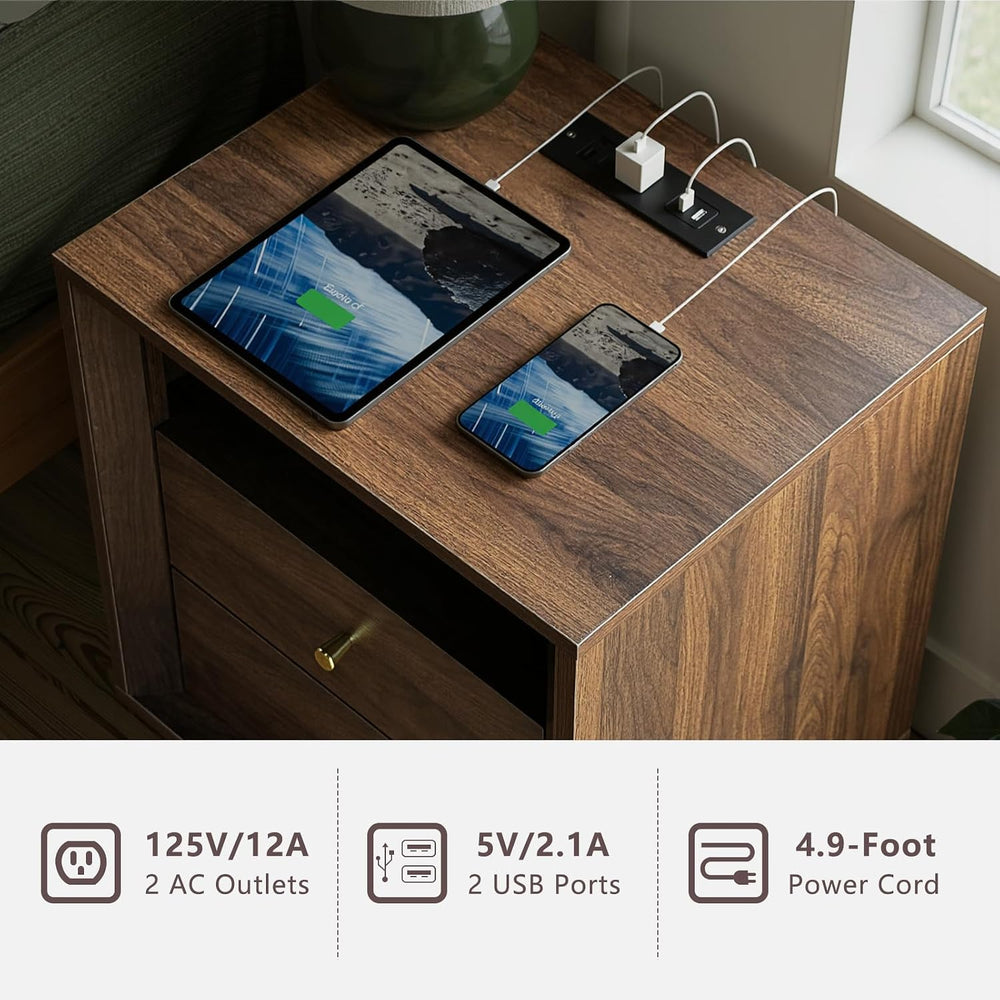 FORTUNETEC 19.6" Nightstand with Charging Station, Dark Walnut