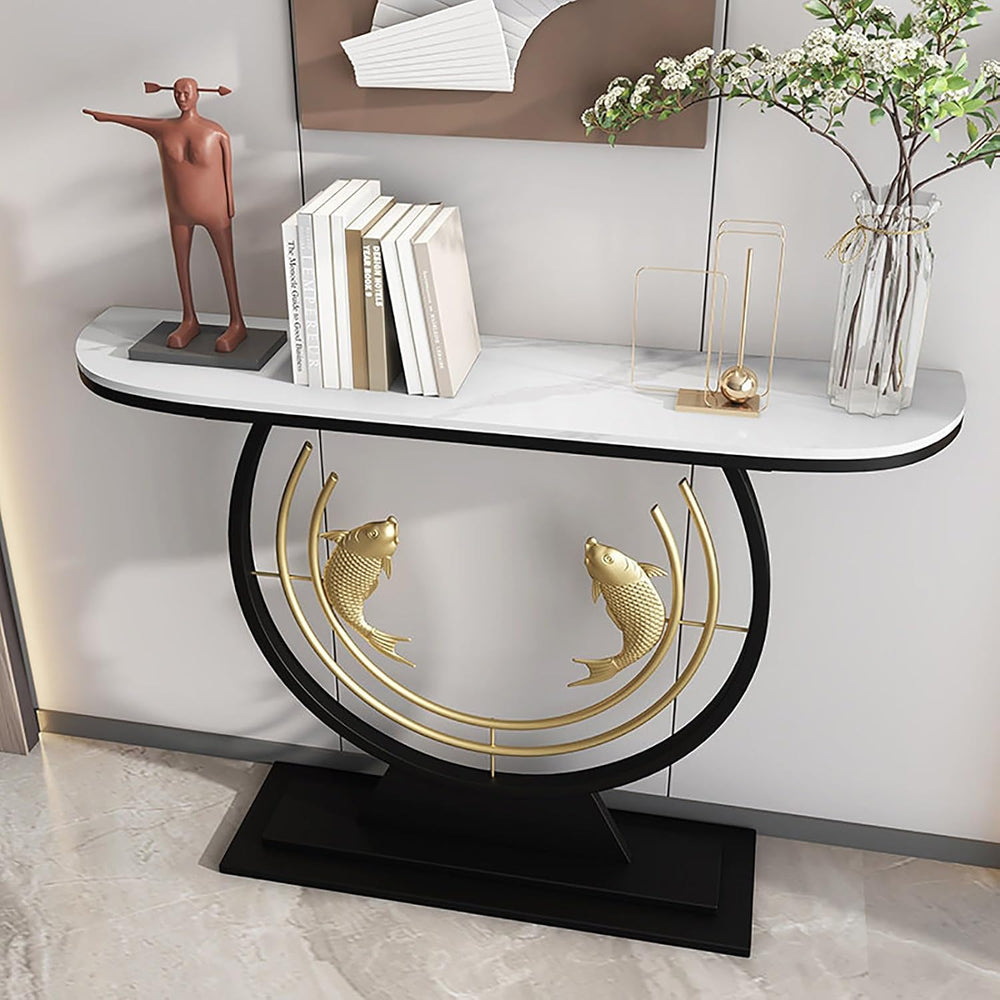 Modern Console Table with Stone Slab Tabletop Accent Table for Hallway Entryw...