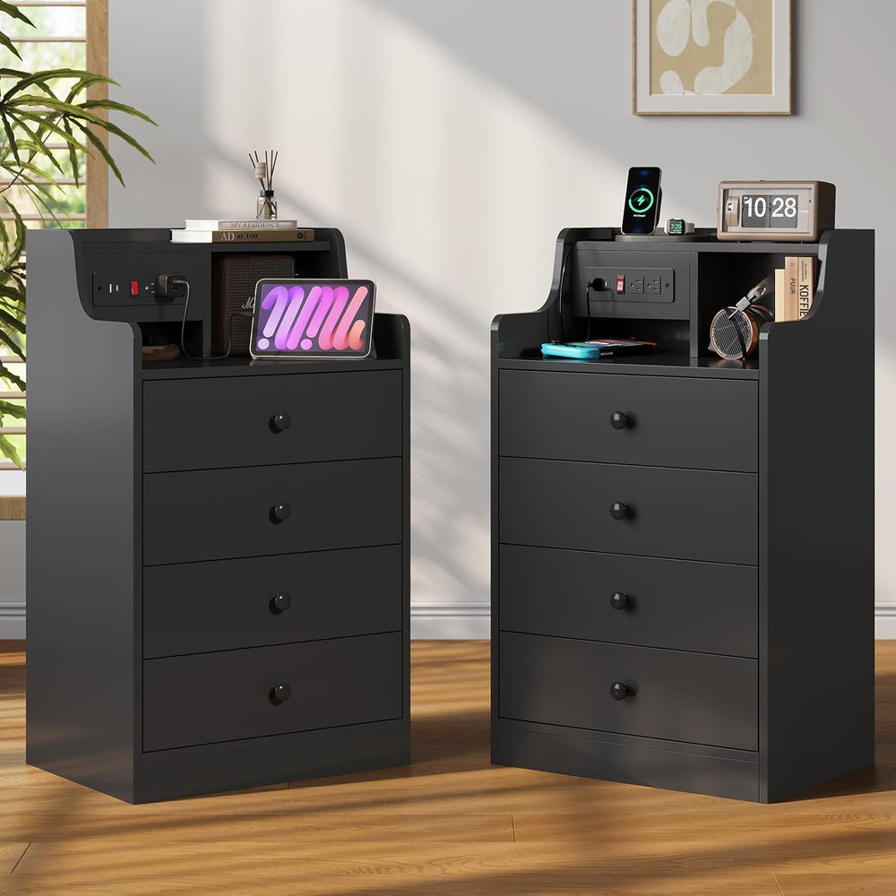 ADORNEVE Nightstand with Charging Station & Hutch,Black | Tall Bedside Ta...