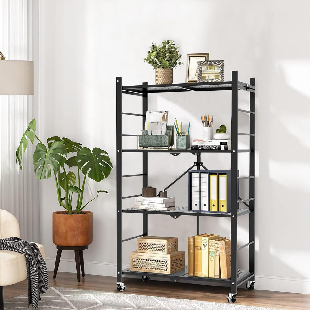 Himix 4-Tier Foldable Storage Shelf with Wheels 20 Hooks Black No Assembly