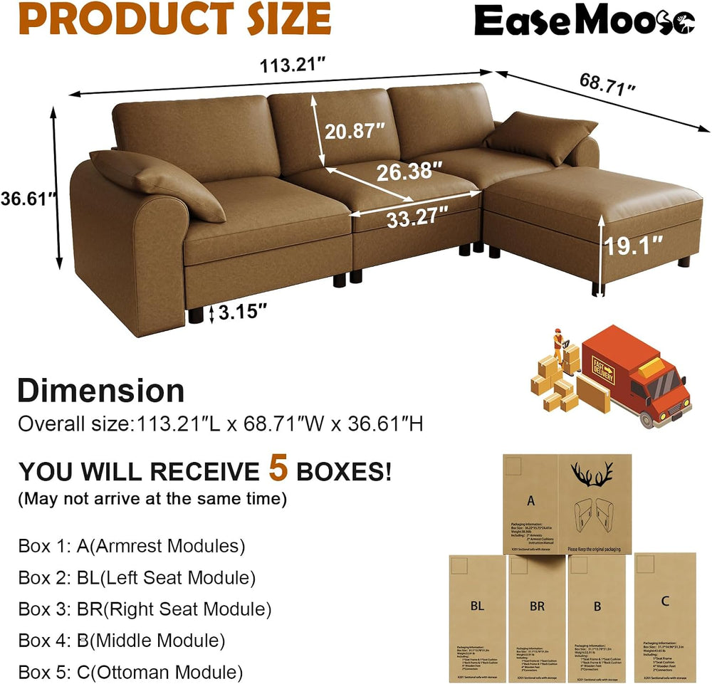 EASE MOOSE Leather Sectional Couch, L Shaped Modular Sectional Sofa, Brown | ...