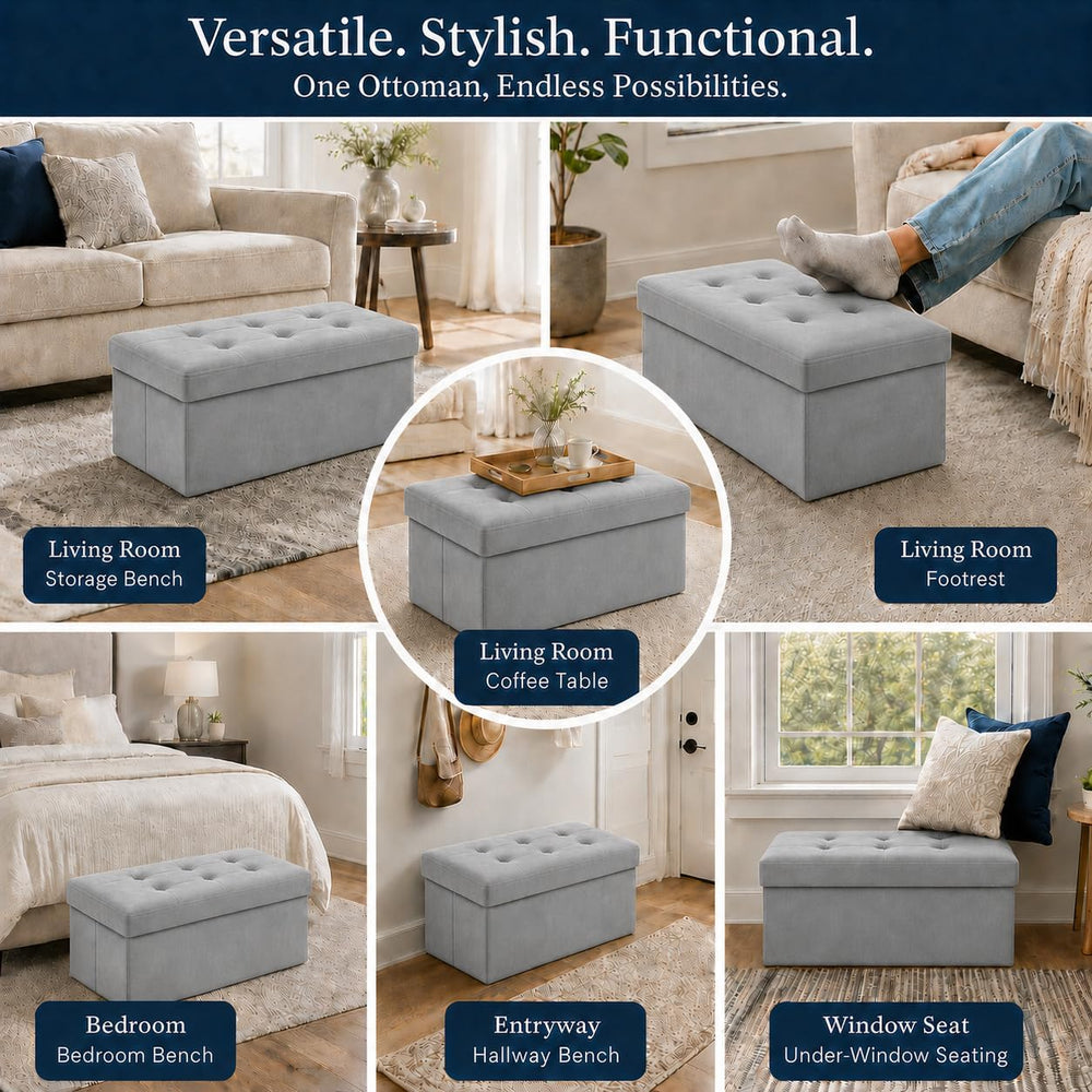 ALASDO 30 Inch Folding Storage Ottoman Bench with Hidden Storage, Velvet Stor...