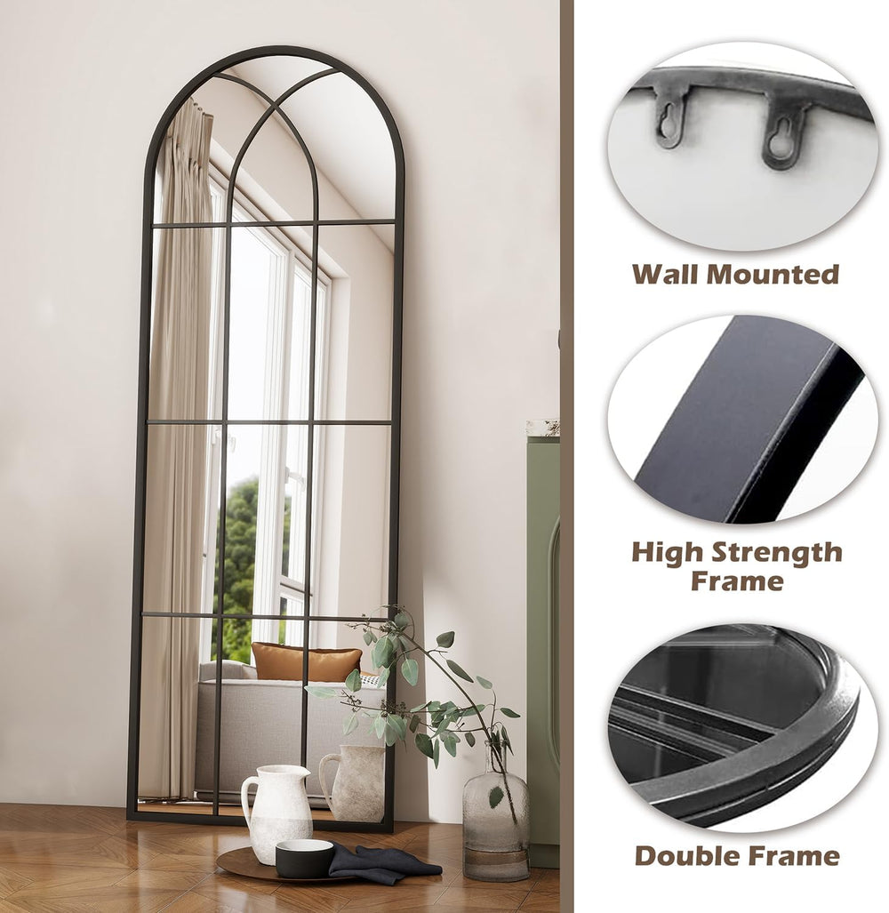 Dewfig Arched Full Length Mirror, 65"x 22" Windowpane Floor Mirror,...