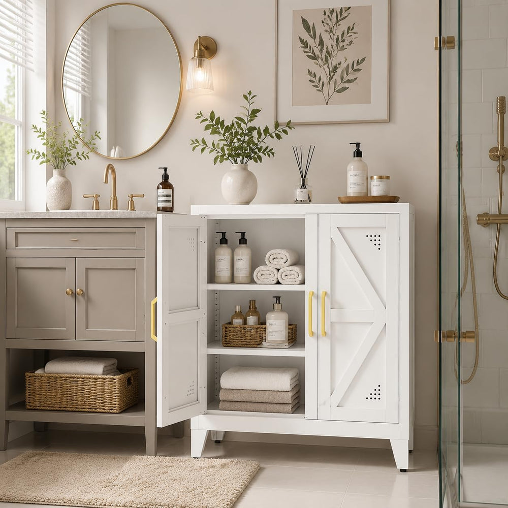 Short Storage Cabinet with 2 Doors and Adjustable Shelves, Metal Pantry Cabin...