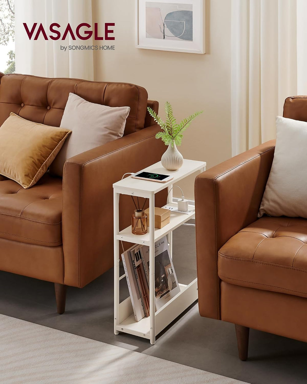 VASAGLE Side Tables with Charging Station, Set of 2 Narrow End Tables, 3-Tier...