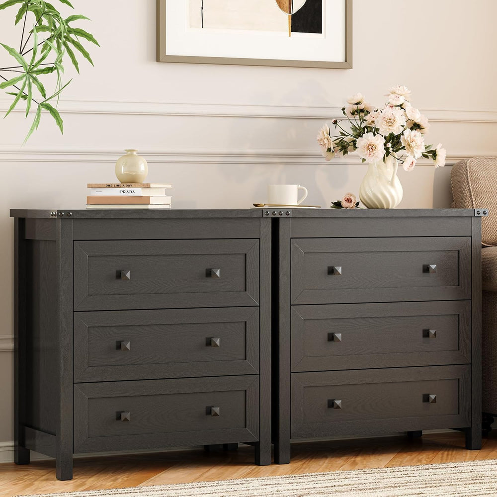 Xixini Farmhouse Nightstand with 3 Storage Drawers, 27.55" Wide Wood Bed...