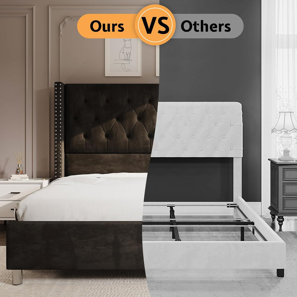 PaPaJet Queen Velvet Bed Frame with 49.2" Tall Wingback Headboard, Black