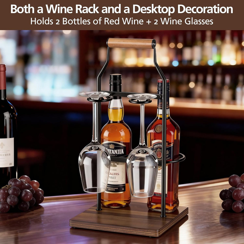 Desktop Wine Rack, 2-Bottle Holder with Dual Glass Holder, Wine Storage Racks...