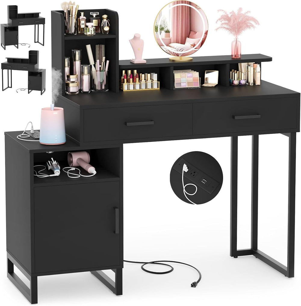 Besiost Vanity Desk, Small Vanity Desk with Power Outlet, Makeup Desk with Dr...