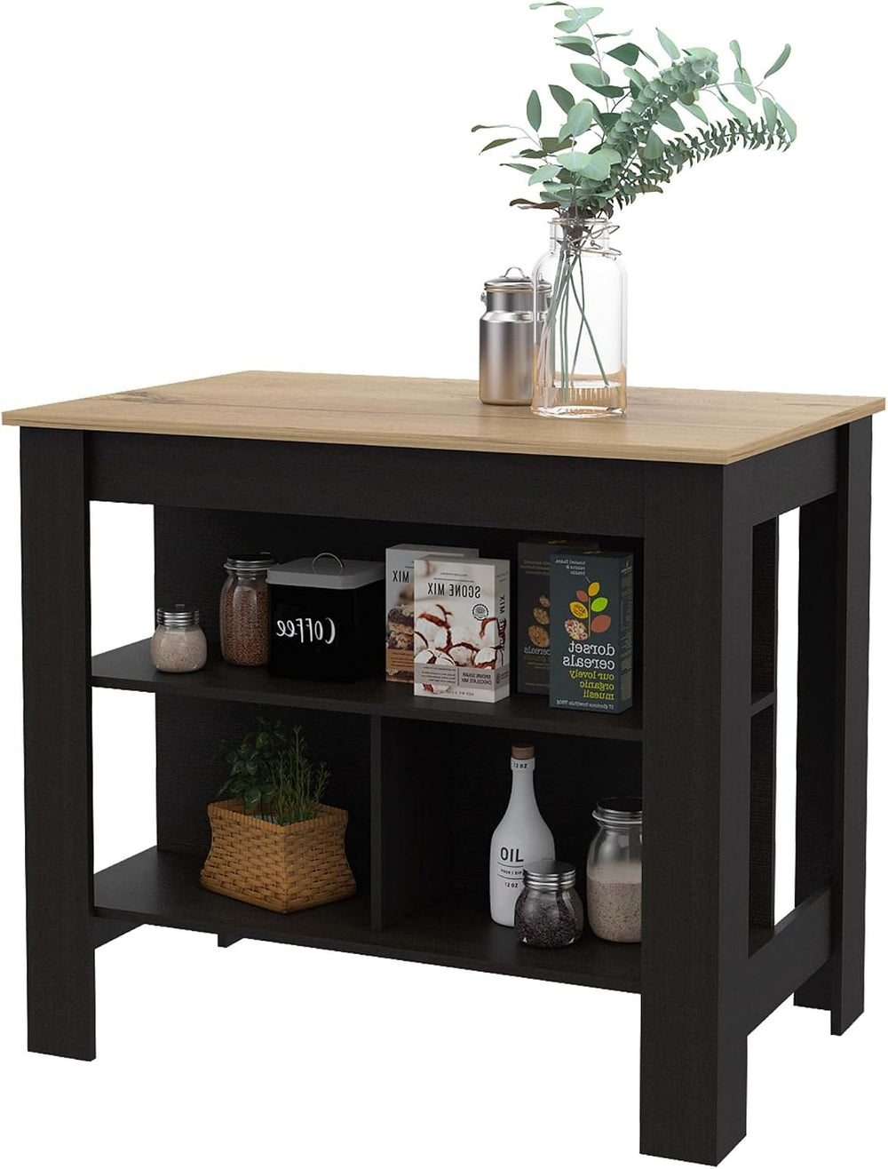 Kitchen Island with Three Concealed Shelves, Black, Light Oak | Modern kitche...