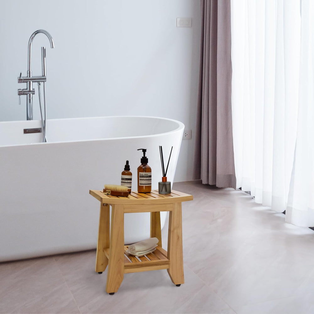 Teak Shower Bench Stool, 14'' Compact Waterproof Wooden Sauna Bath Be...