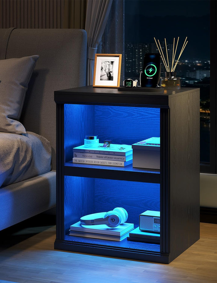 LED Nightstand with Charging Station, 2-Tier Bookcase, Black