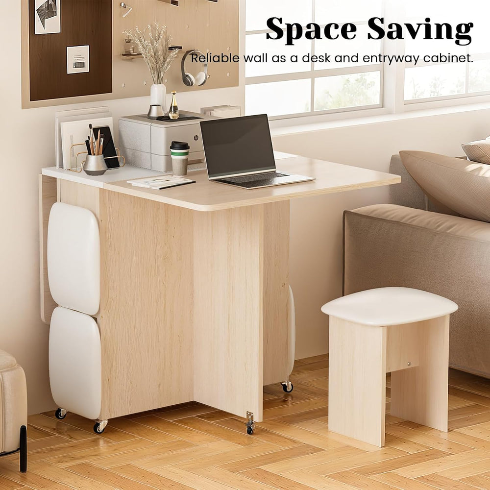 AWQM Folding Dining Table Set, Storage Folding Table & Chair, Beige White...