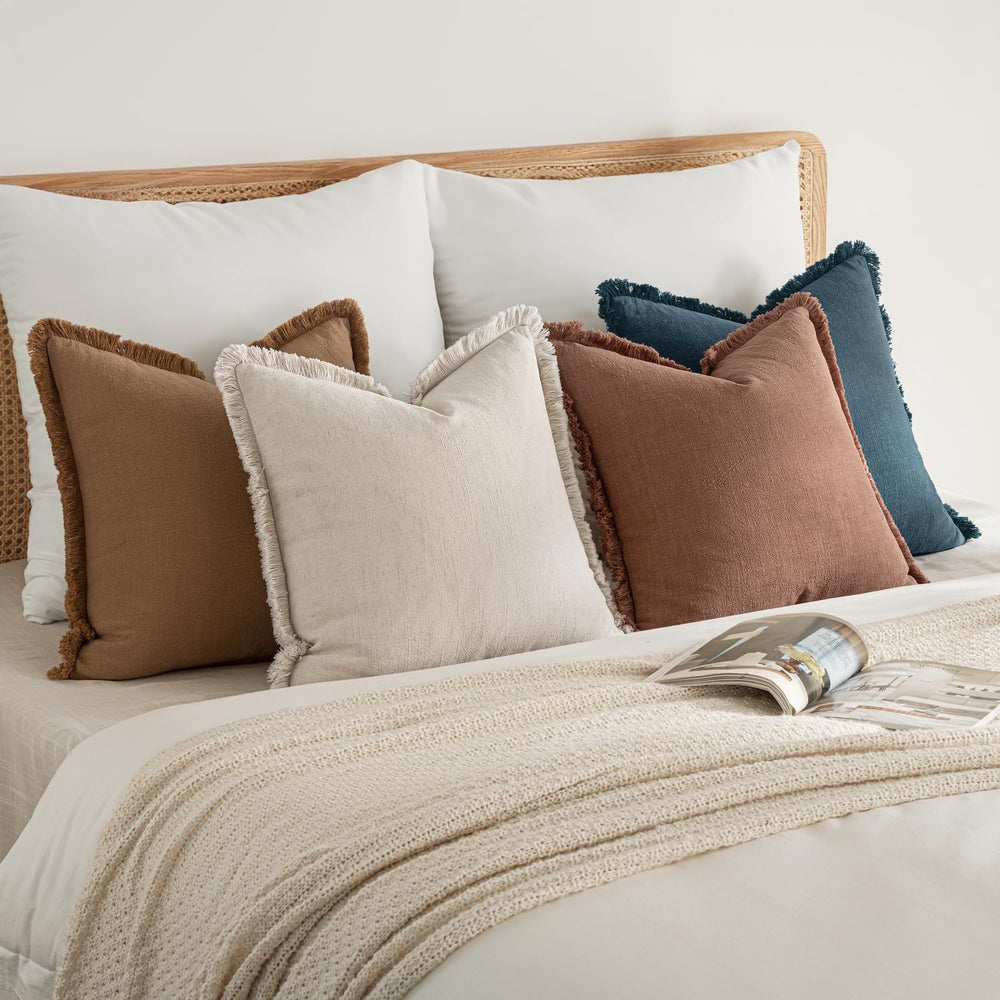 MIULEE Fall Linen Fringe Pillow Covers Set of 4 18x18 Beige/Brown/Blue