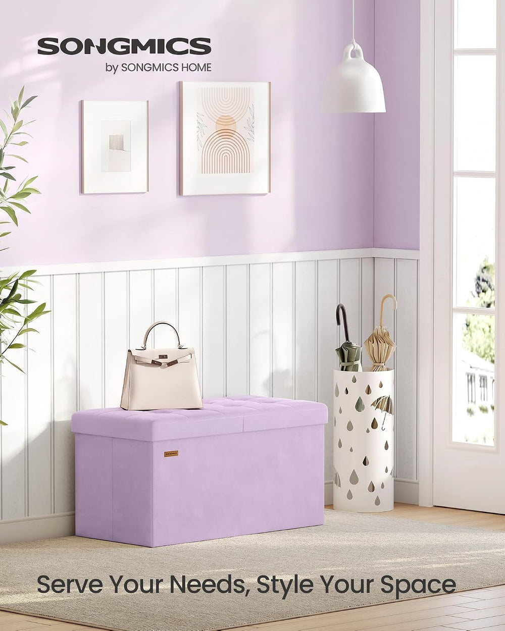 SONGMICS Foldable Storage Ottoman with Flipping Lid, 30 Inch Velvet Bench | C...