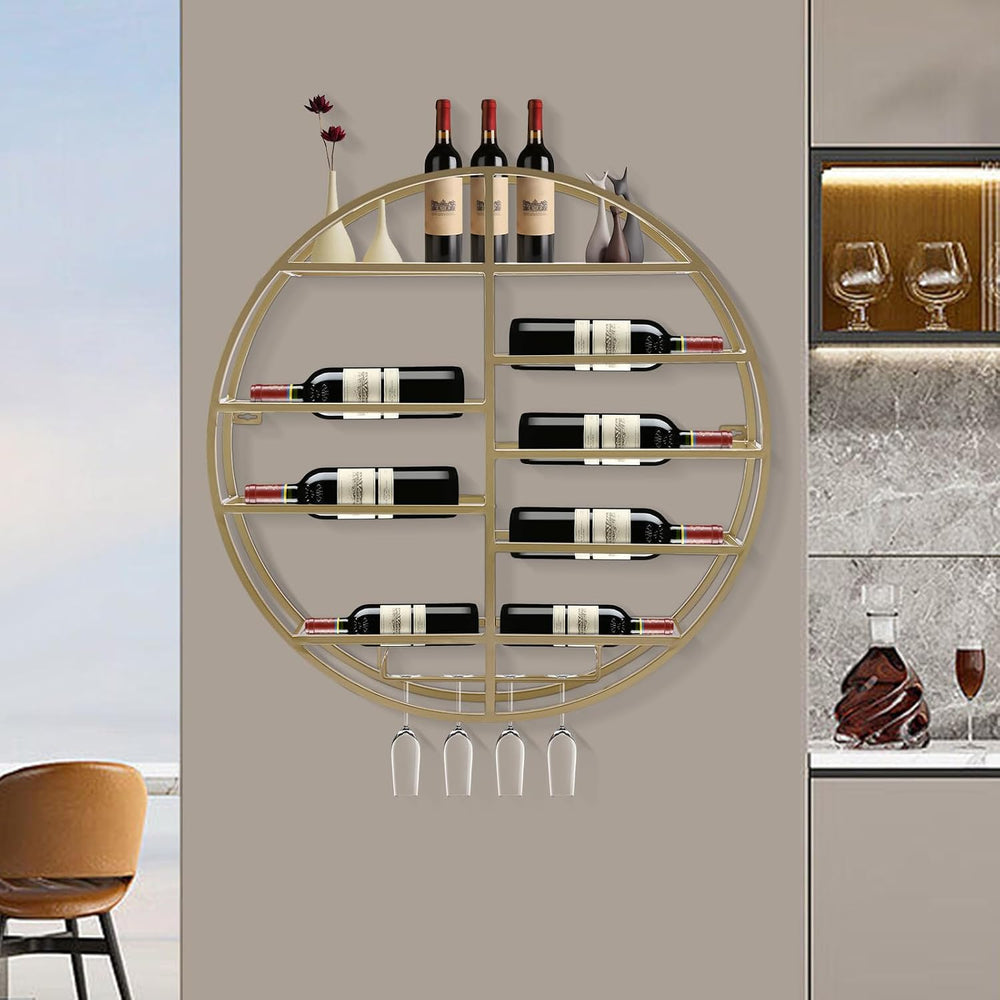 Wall Mounted Wine Rack with Glass Holder, 23.6" Round Metal Wine Shelf f...