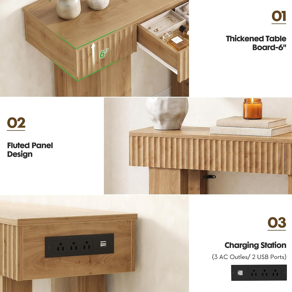Unikito 39" Console Table with Storage Drawer and Outlets, Fluted Design...