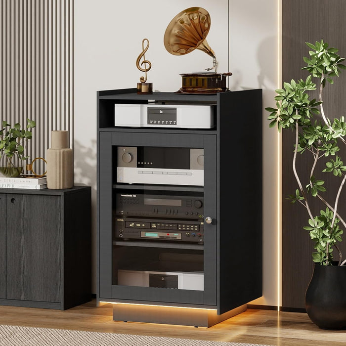 ELECWISH Media Cabinet with Glass Door, 5 Tier Stereo Cabinet, Black