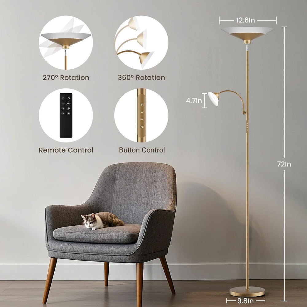SIBRILLE Gold Torchiere Floor Lamp - 2 Way LED Standing Lamp with Reading Lig...