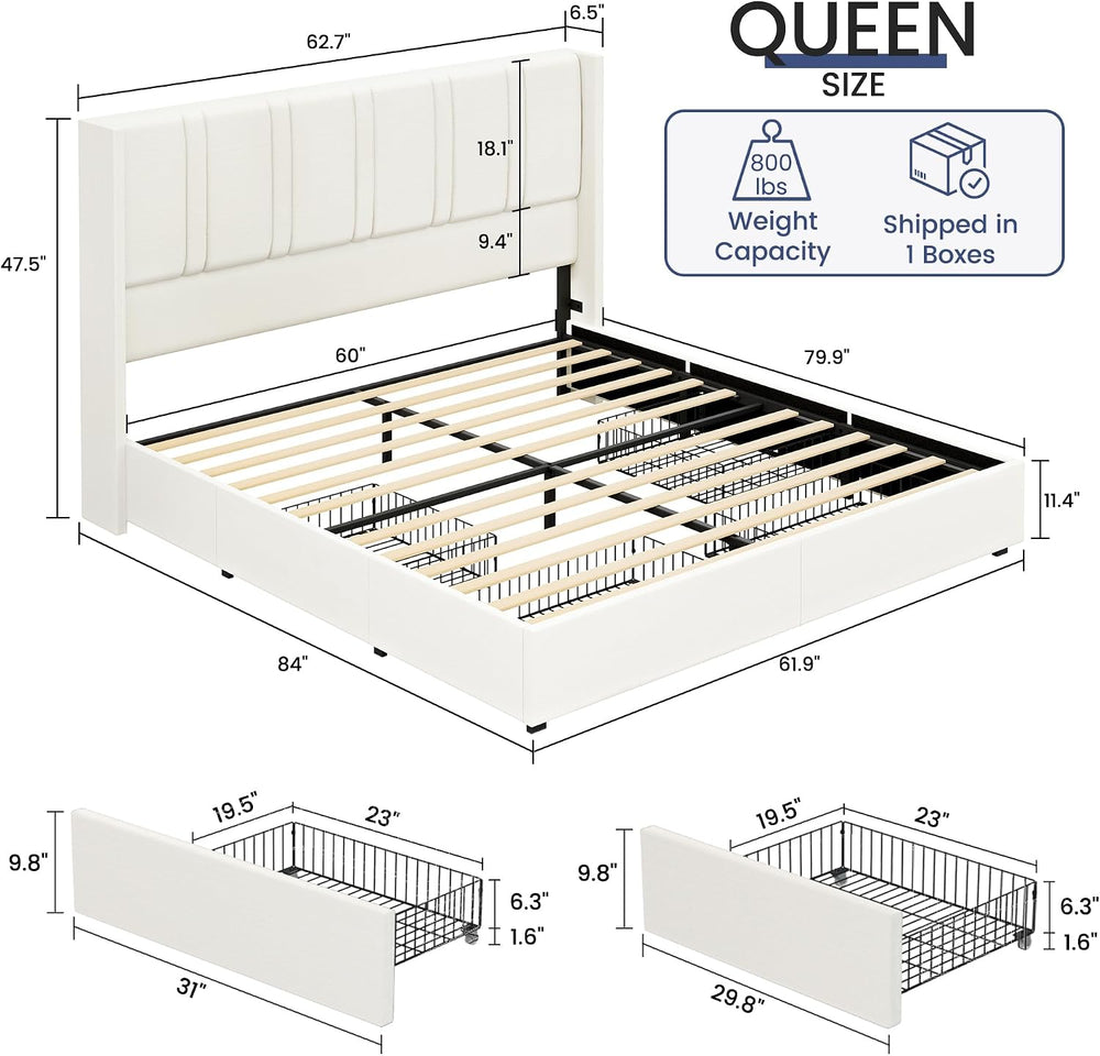 BRELTAM Queen Size Wingback Platform Bed Frame, White
