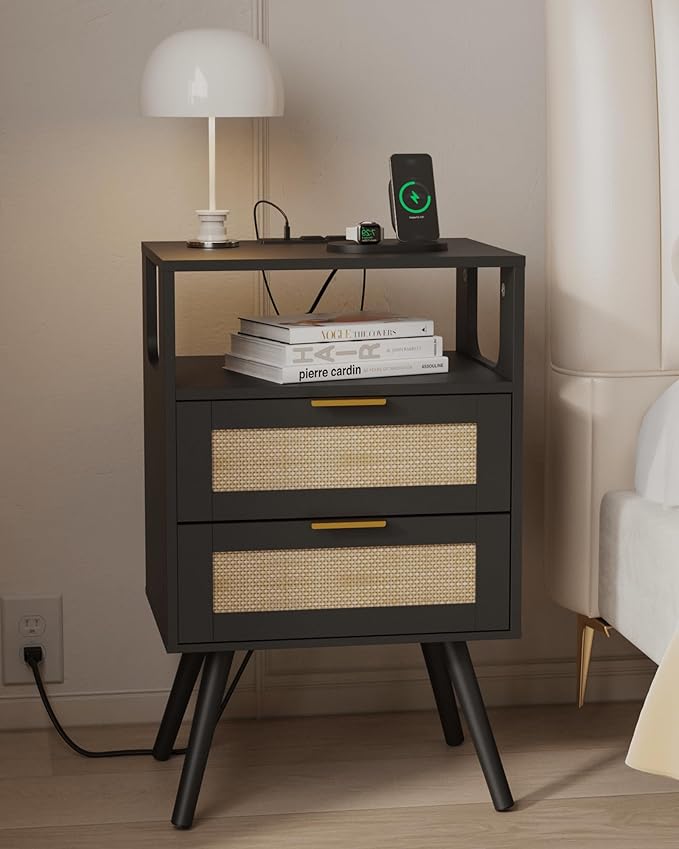 Rattan Nightstand with Charging Station,Farmhouse Bedside Table with 2 Storag...